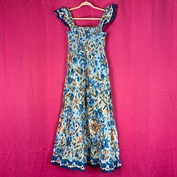 House of Harlow 1960 Zoey blue smocked tiered boho maxi dress, small - Picture 2 of 10